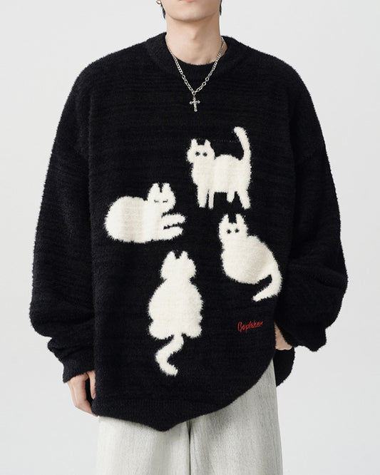 猫柄モヘアニットオーバーサイズセーター